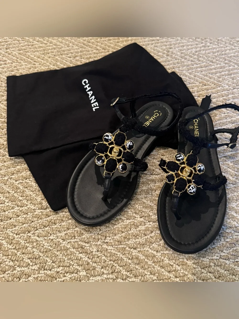 CHANEL Black & Gold Floral Motif Slingback Sandals